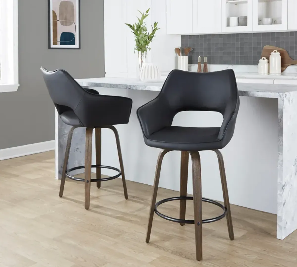 Casio Set of 2 Swivel Counter-Height Stools - Black Vegan Leather/Dark Walnut