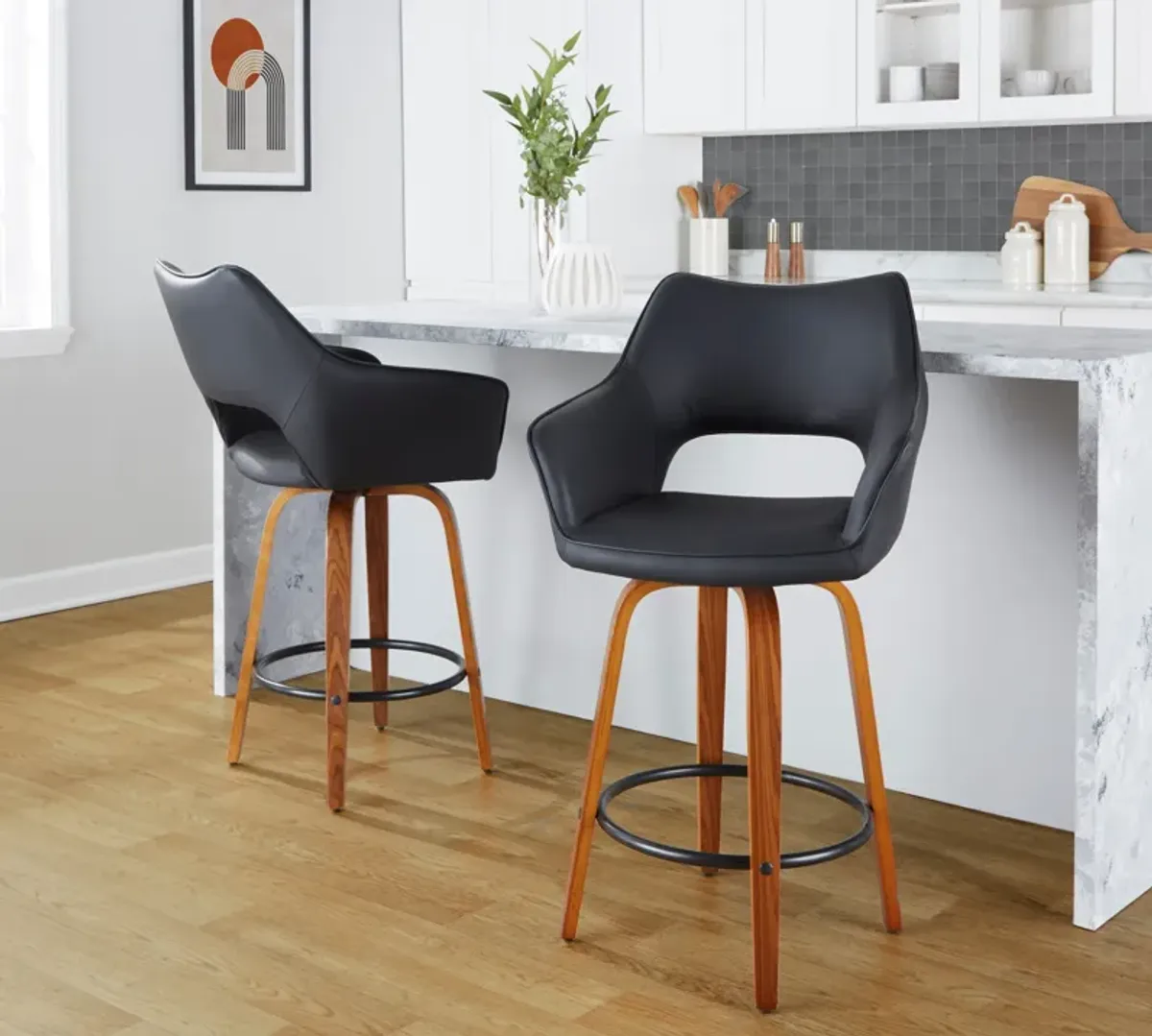 Casio Set of 2 Swivel Counter-Height Stools - Black Vegan Leather/Light Walnut