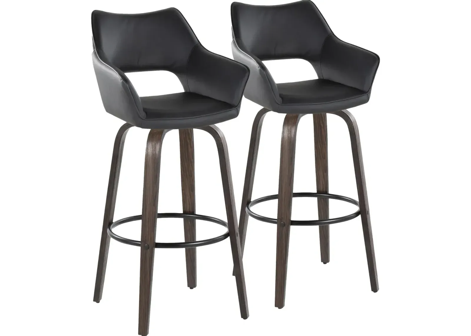 Casio Set of 2 Swivel Bar Stools - Black Vegan Leather/Dark Walnut