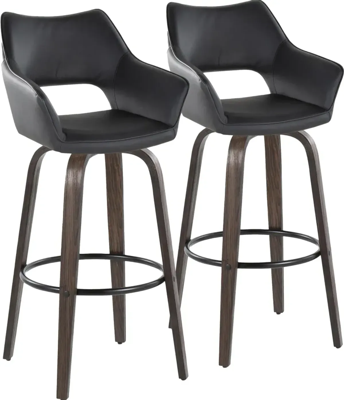 Casio Set of 2 Swivel Bar Stools - Black Vegan Leather/Dark Walnut