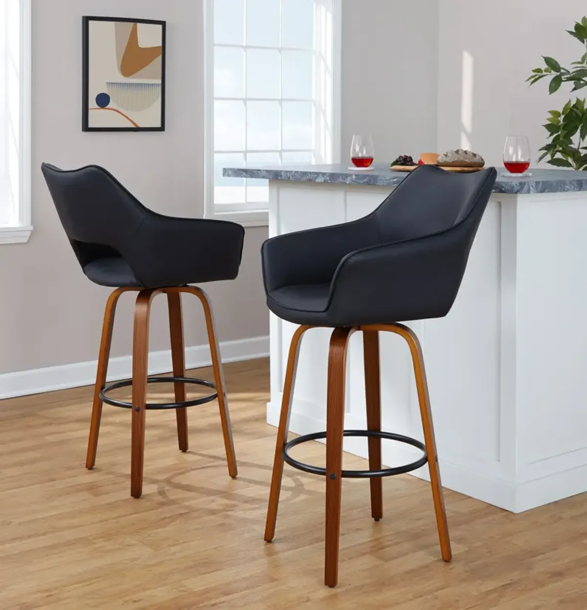 Casio Set of 2 Swivel Bar Stools - Black Vegan Leather/Light Walnut