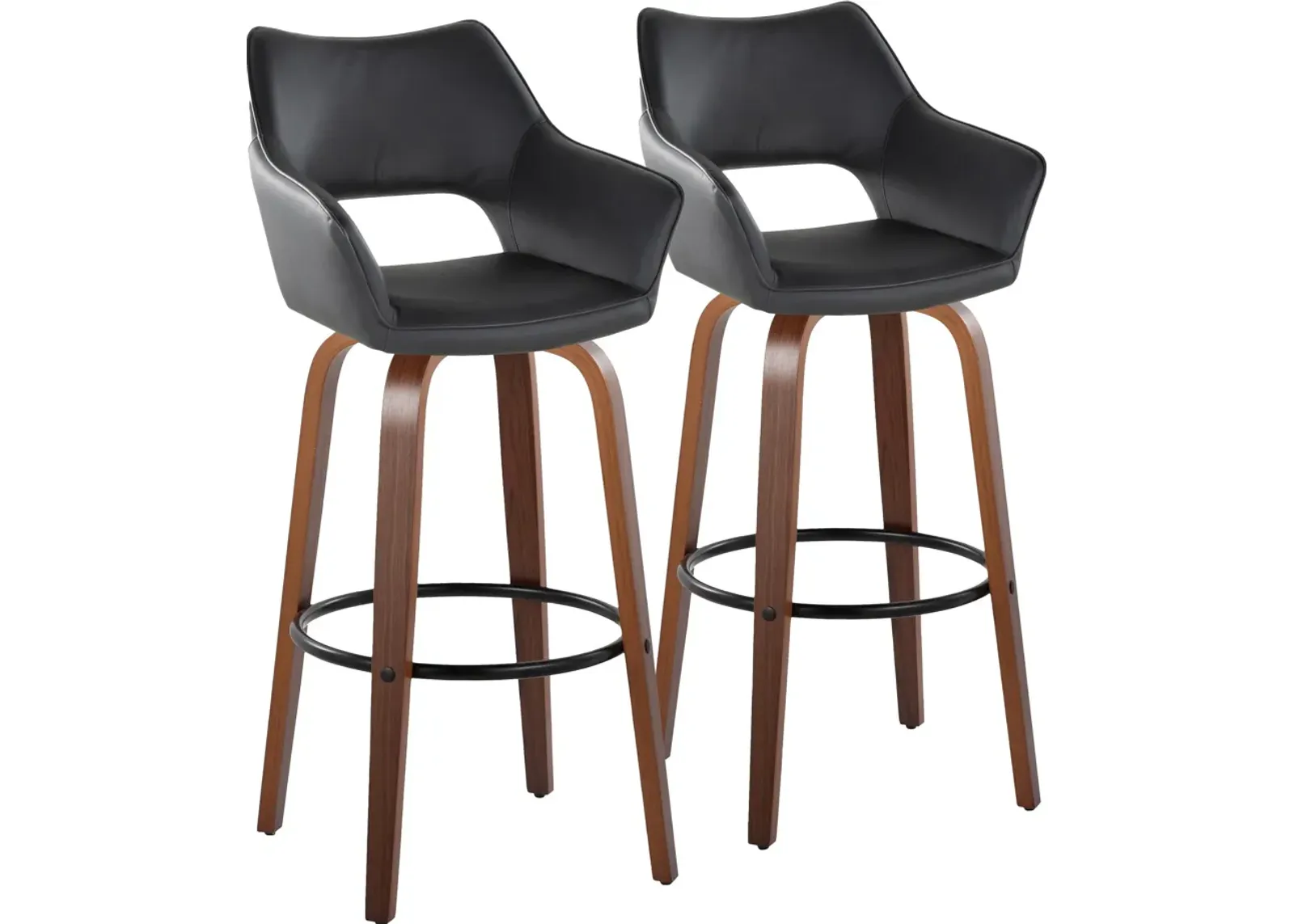 Casio Set of 2 Swivel Bar Stools - Black Vegan Leather/Light Walnut