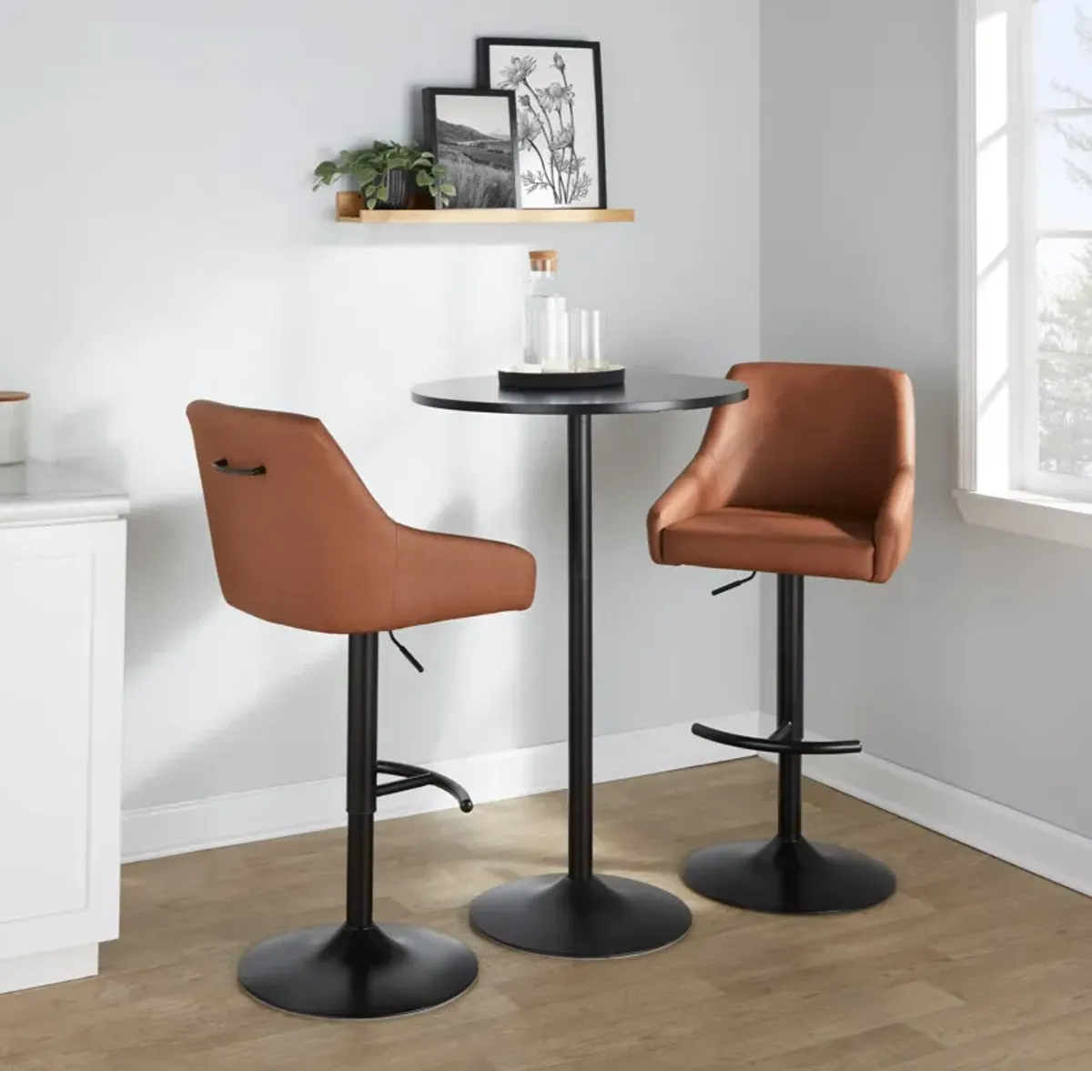 Neo Set of 2 Adjustable Swivel Bar Stools - Brown Vegan Leather/Black