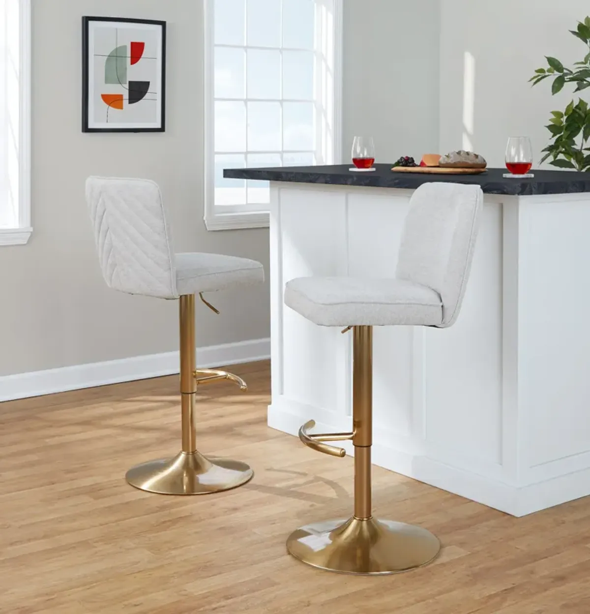 Robby Set of 2 Adjustable Swivel Bar Stools - Beige/Gold