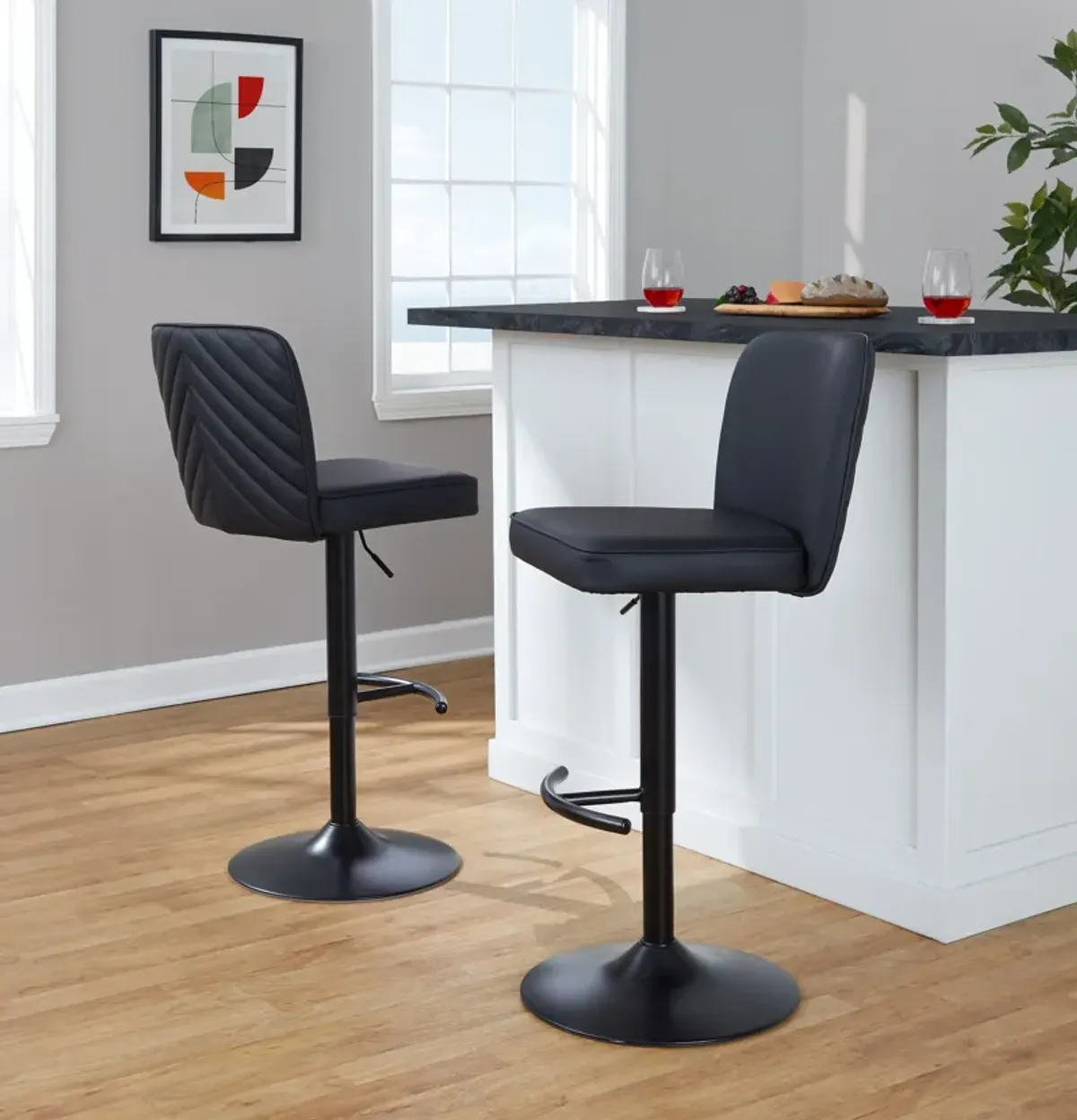 Robby Set of 2 Adjustable Swivel Bar Stools - Black Vegan Leather/Black