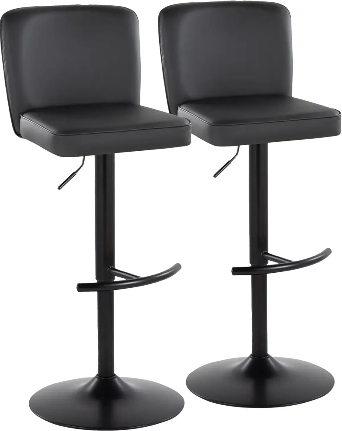 Robby Set of 2 Adjustable Swivel Bar Stools - Black Vegan Leather/Black