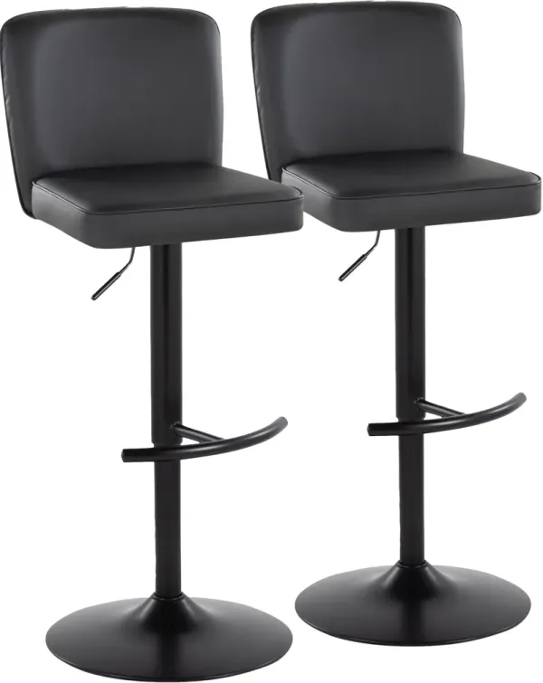 Robby Set of 2 Adjustable Swivel Bar Stools - Black Vegan Leather/Black