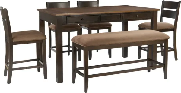 Jubilee Counter-Height Dining Table, 4 Stools and Bench - Brown