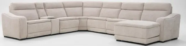 Majestic Dual-Power 7-Piece Reclining Sectional with Console, Chaise, and Drop-Down Table - Stone