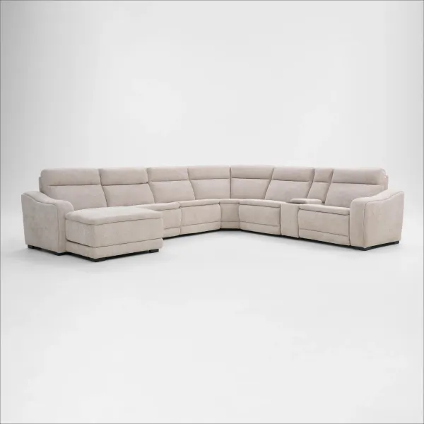 Majestic Dual-Power 7-Piece Reclining Sectional with Console, Chaise, and Drop-Down Table - Stone