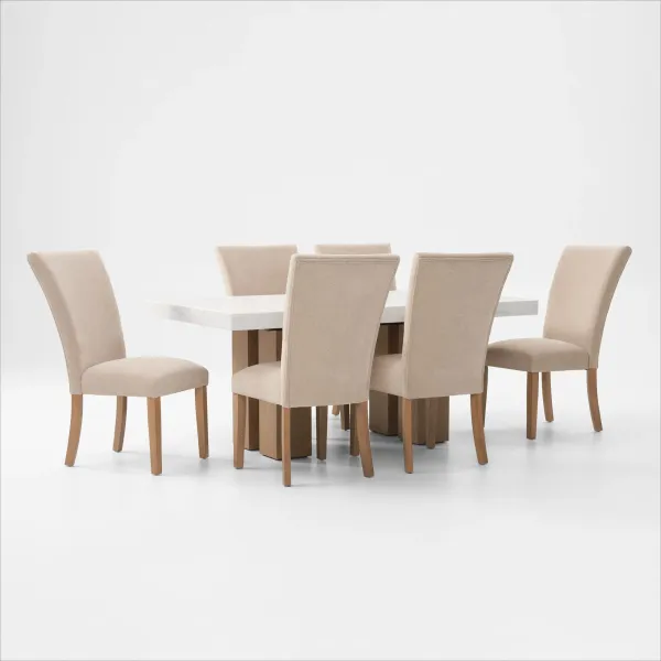 Artemis Marble Dining Table and 6 Upholstered Dining Chairs - White Marble/Beige