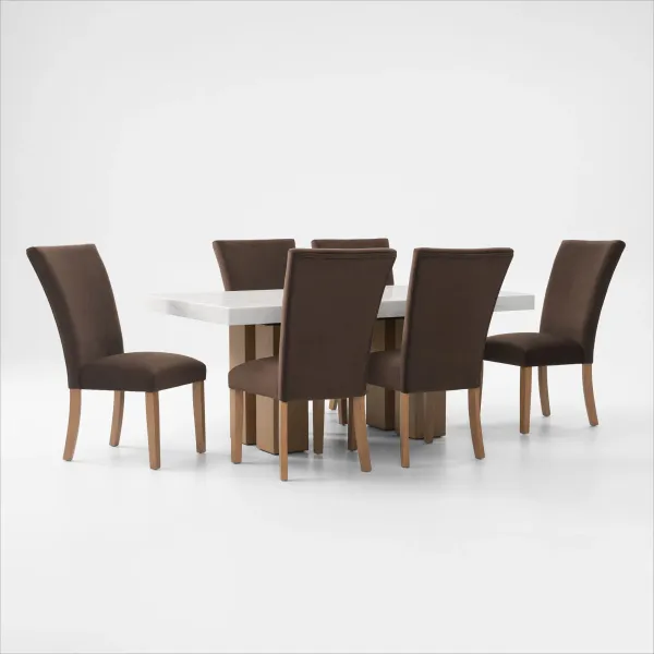 Artemis Marble Dining Table and 6 Upholstered Dining Chairs - White Marble/Brown