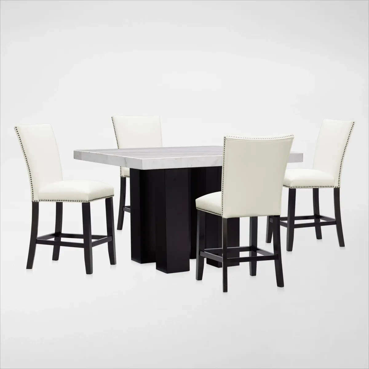 Artemis Marble Counter-Height Dining Table and 4 Upholstered Stools - White Marble/White