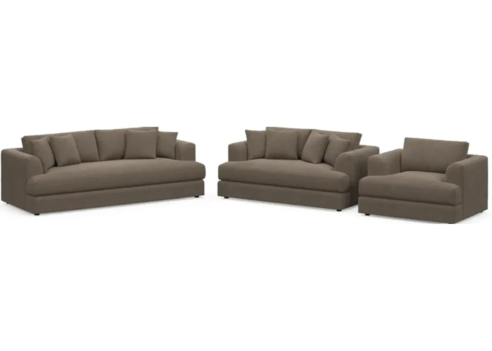 Ridley Hybrid Comfort Sofa, Loveseat, and Chair Set - Liv Umber