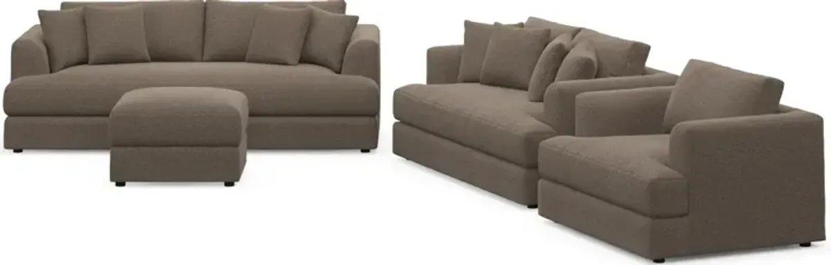 Ridley Hybrid Comfort Sofa, Loveseat, Chair, and Ottoman Set - Liv Umber