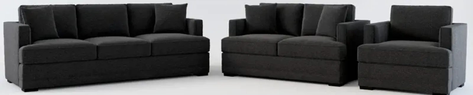 Pembroke Foam Comfort Sofa, Loveseat, and Chair Set - Bloke Obsidian