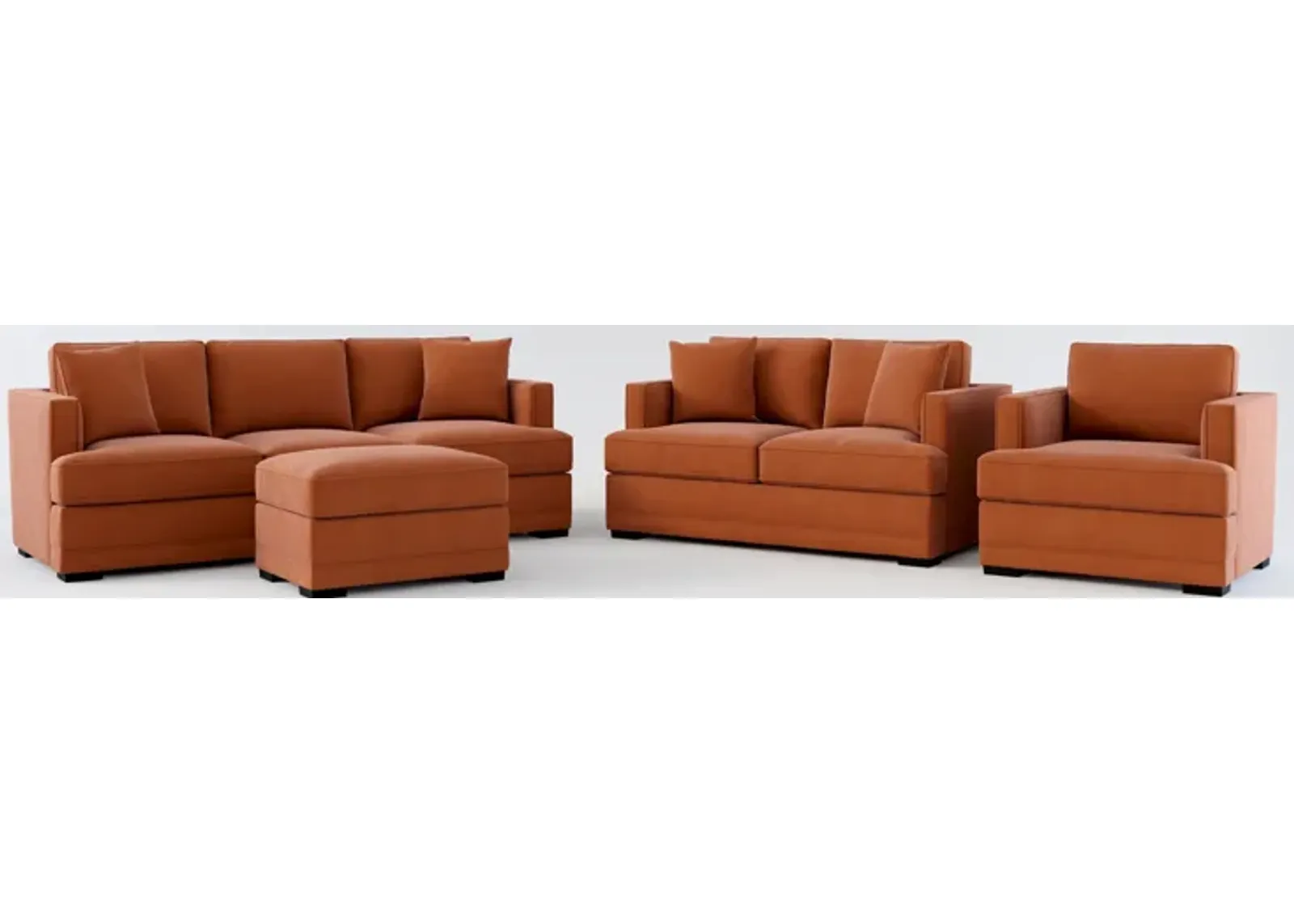 Pembroke Hybrid Comfort Sofa, Loveseat, Chair, and Ottoman Set - Merrimac Brick