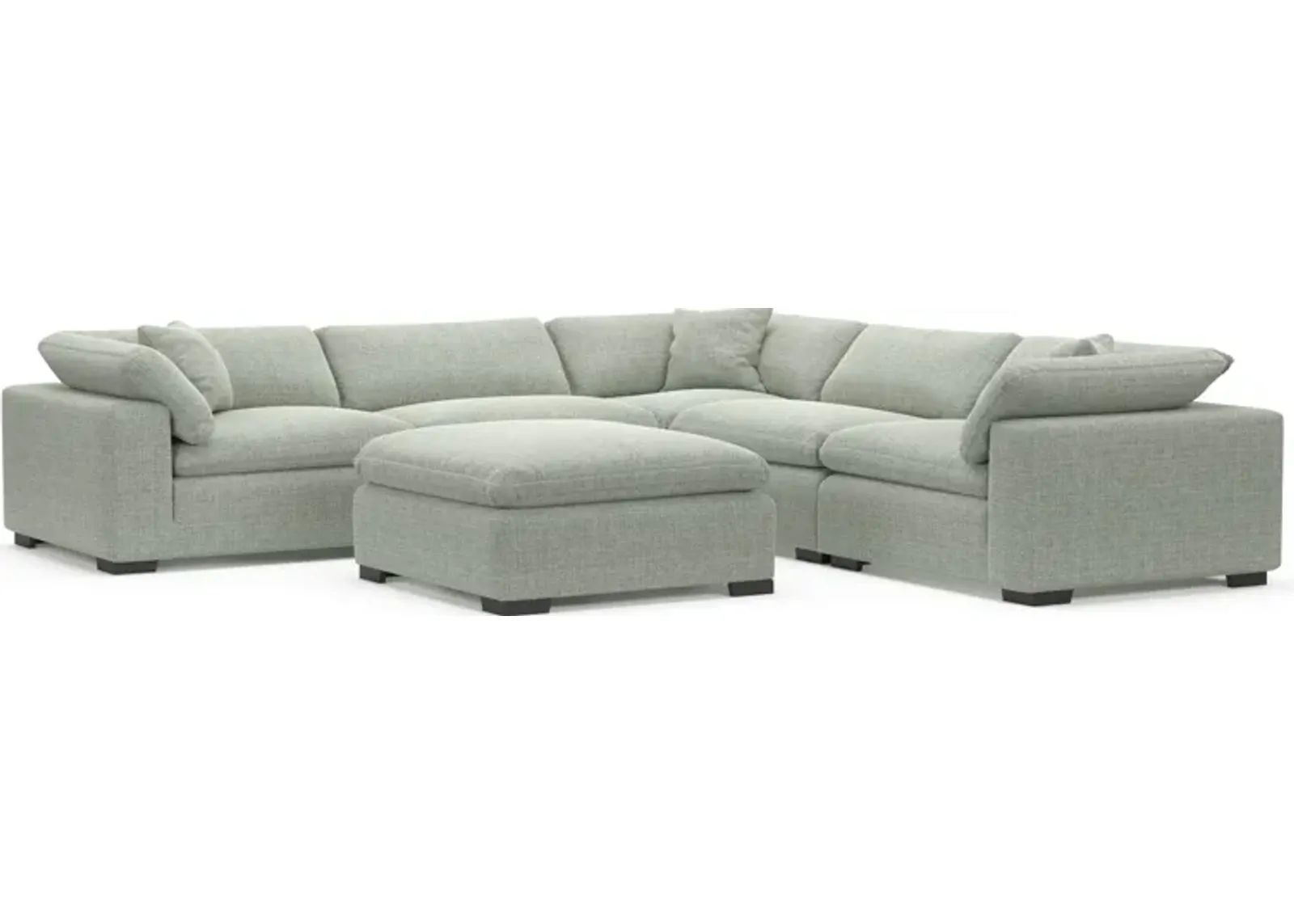 Plush Feathered Comfort Eco Performance Fabric 5-Piece Sectional and Ottoman - Broderick Sea Glass