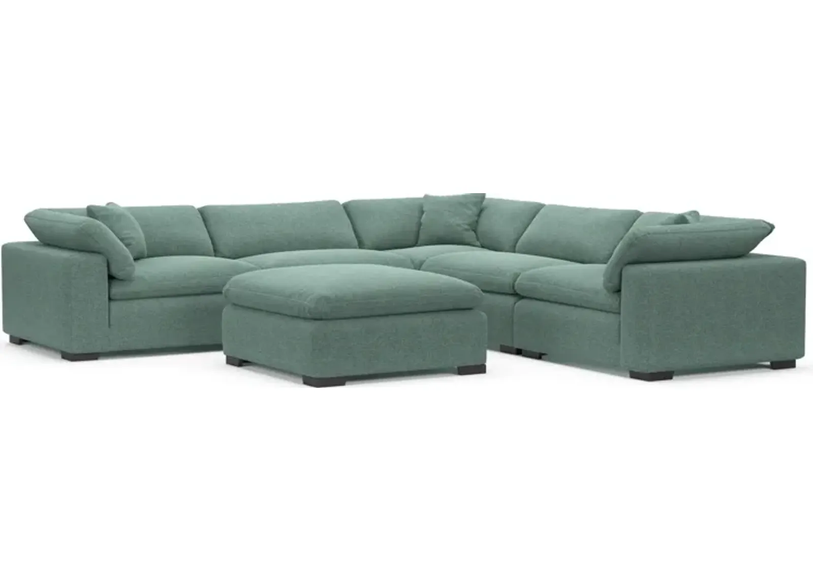 Plush Feathered Comfort Eco Performance Fabric 5-Piece Sectional and Ottoman - Bridger Jade