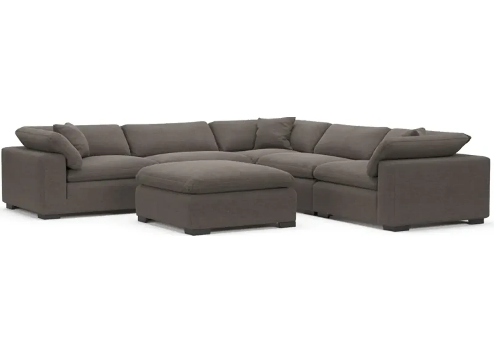 Plush Feathered Comfort Eco Performance Fabric 5-Piece Sectional and Ottoman - Presidio Steel