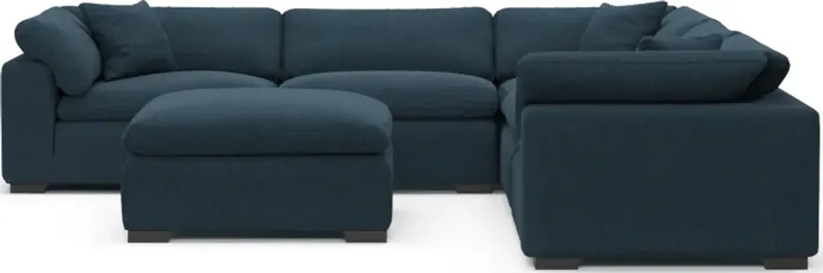 Plush Core Comfort Eco Performance Fabric 5-Piece Sectional and Ottoman - Broderick Indigo