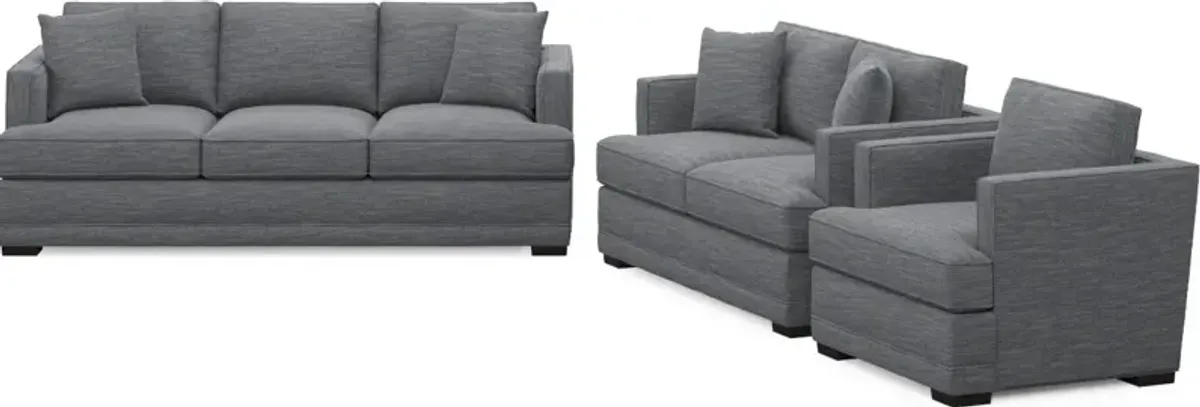 Pembroke Foam Comfort Sofa, Loveseat, and Chair Set - Dudley Indigo