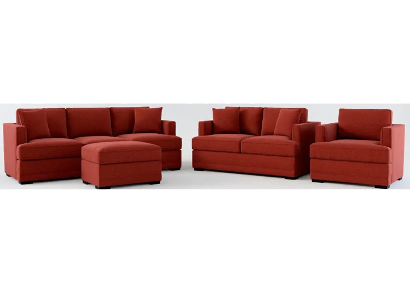 Pembroke Hybrid Comfort Sofa, Loveseat, Chair, and Ottoman Set - Bloke Brick