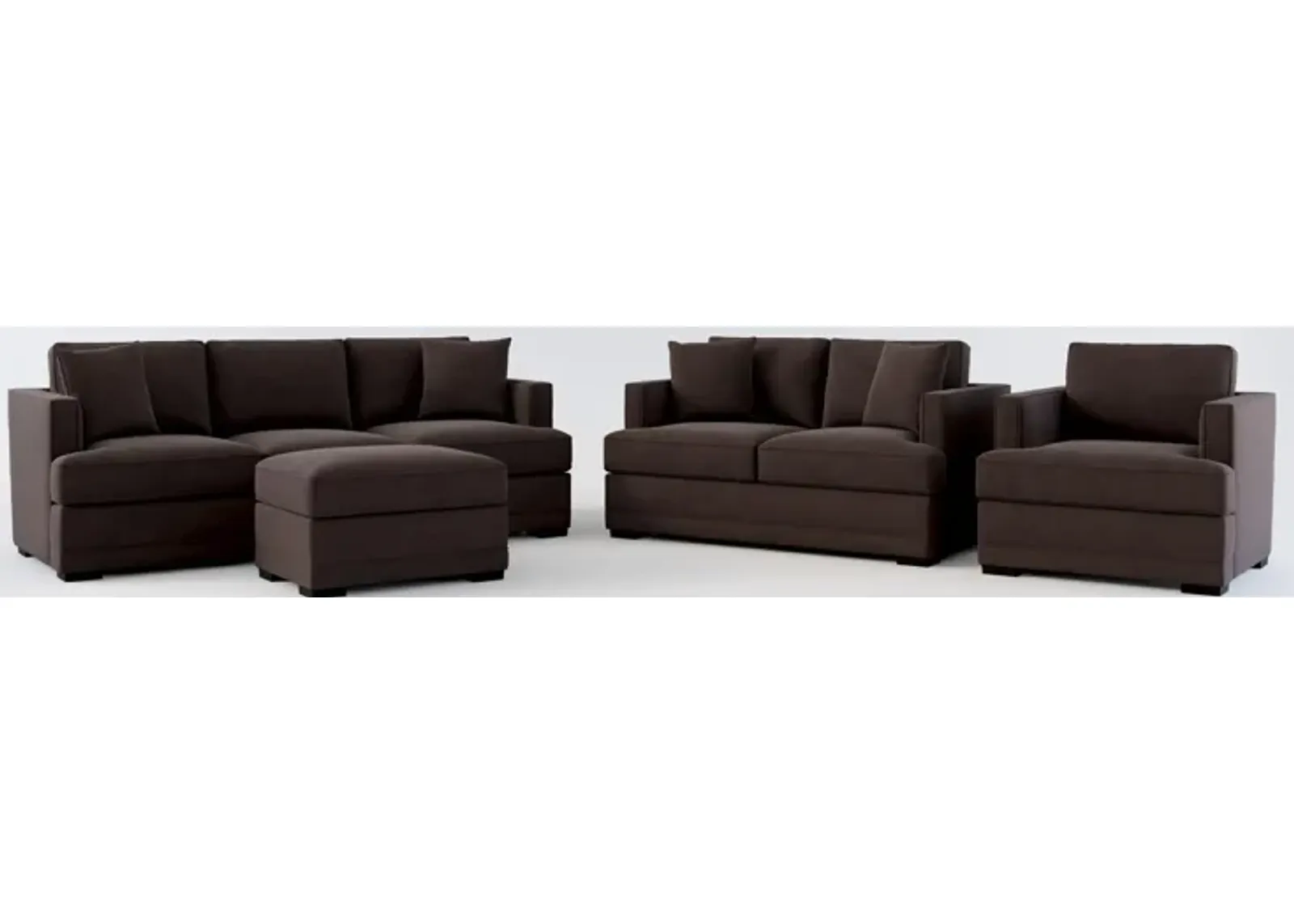 Pembroke Hybrid Comfort Sofa, Loveseat, Chair, and Ottoman Set - Merrimac Dark Brown