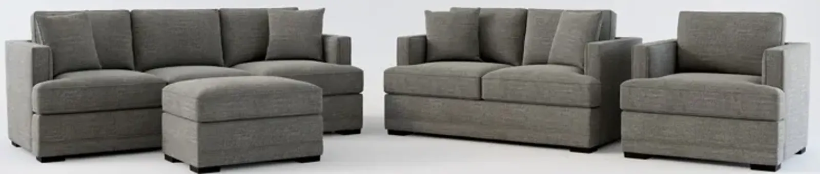 Pembroke Hybrid Comfort Sofa, Loveseat, Chair, and Ottoman Set - Curious Charcoal