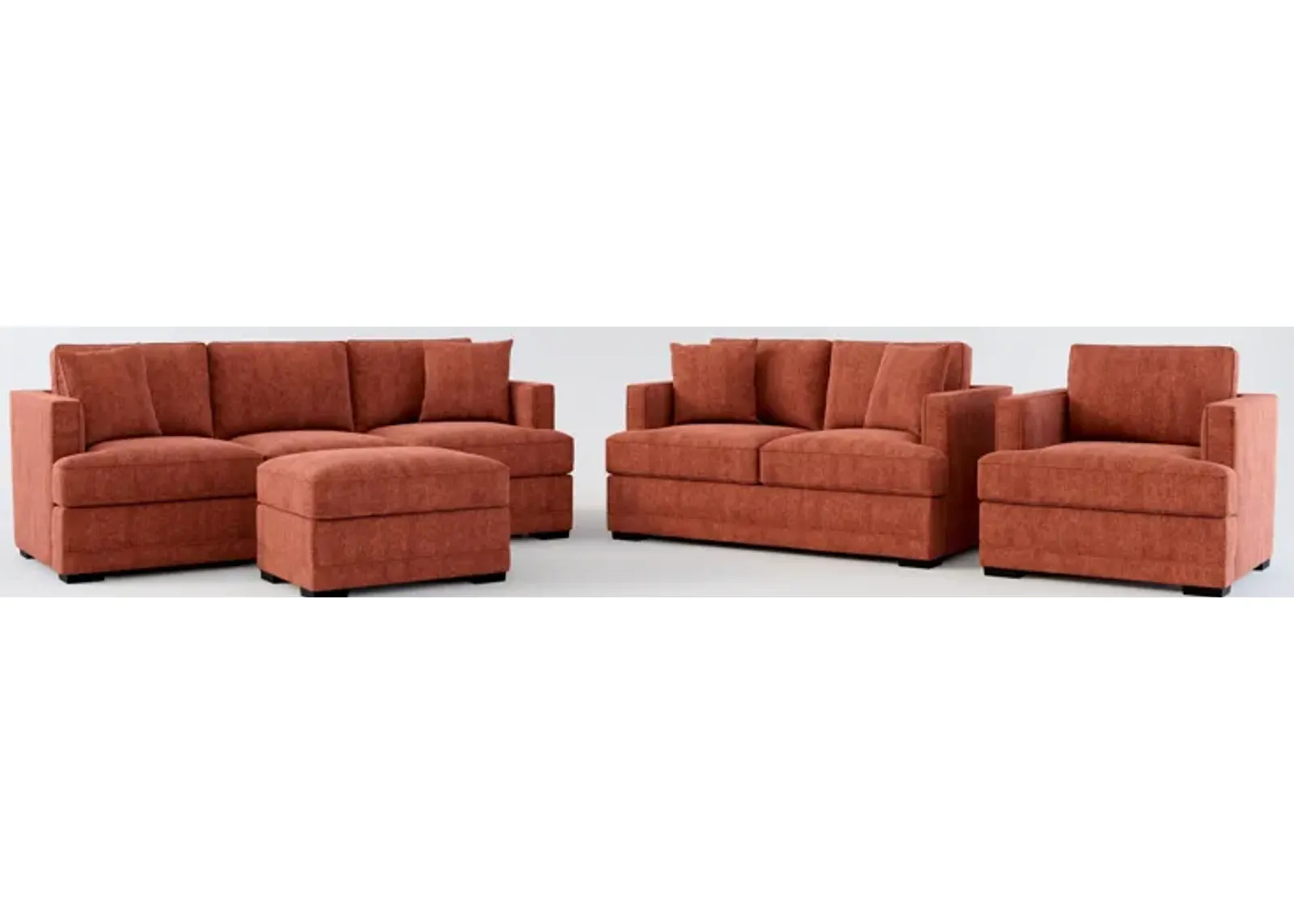 Pembroke Hybrid Comfort Sofa, Loveseat, Chair, and Ottoman Set - Contessa Paprika