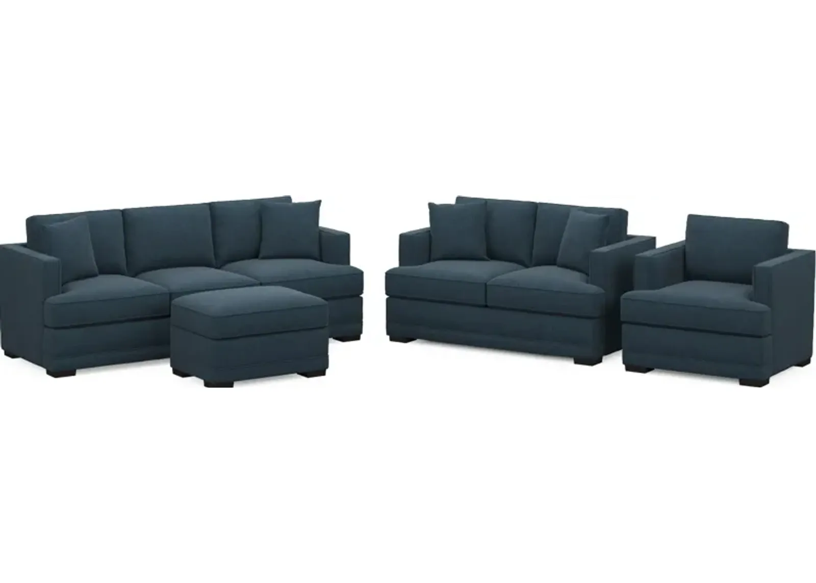 Pembroke Hybrid Comfort Sofa, Loveseat, Chair, and Ottoman Set - Broderick Indigo