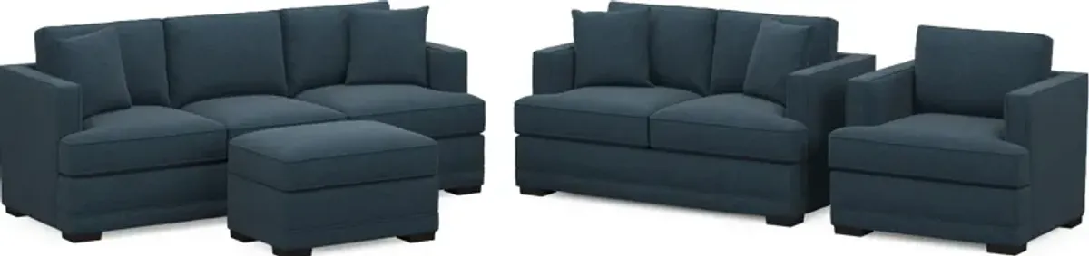 Pembroke Hybrid Comfort Sofa, Loveseat, Chair, and Ottoman Set - Broderick Indigo