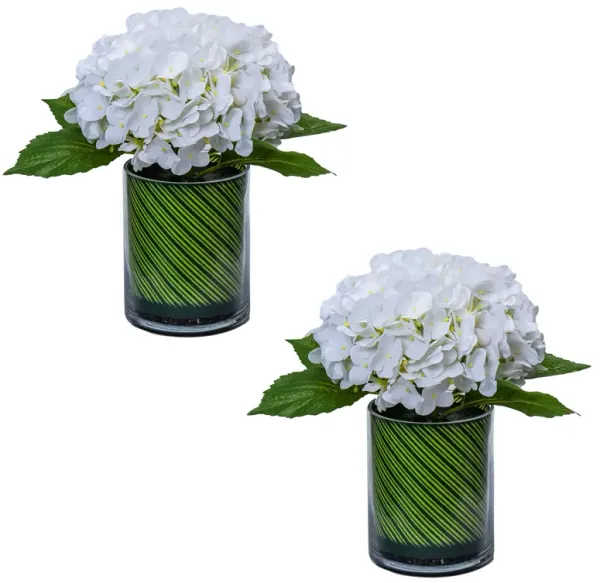 2-Pack 12.5" Tall Faux White Hydrangea Floral Arrangements in Circular Vases | Real-Touch Flowers in Glass Vase