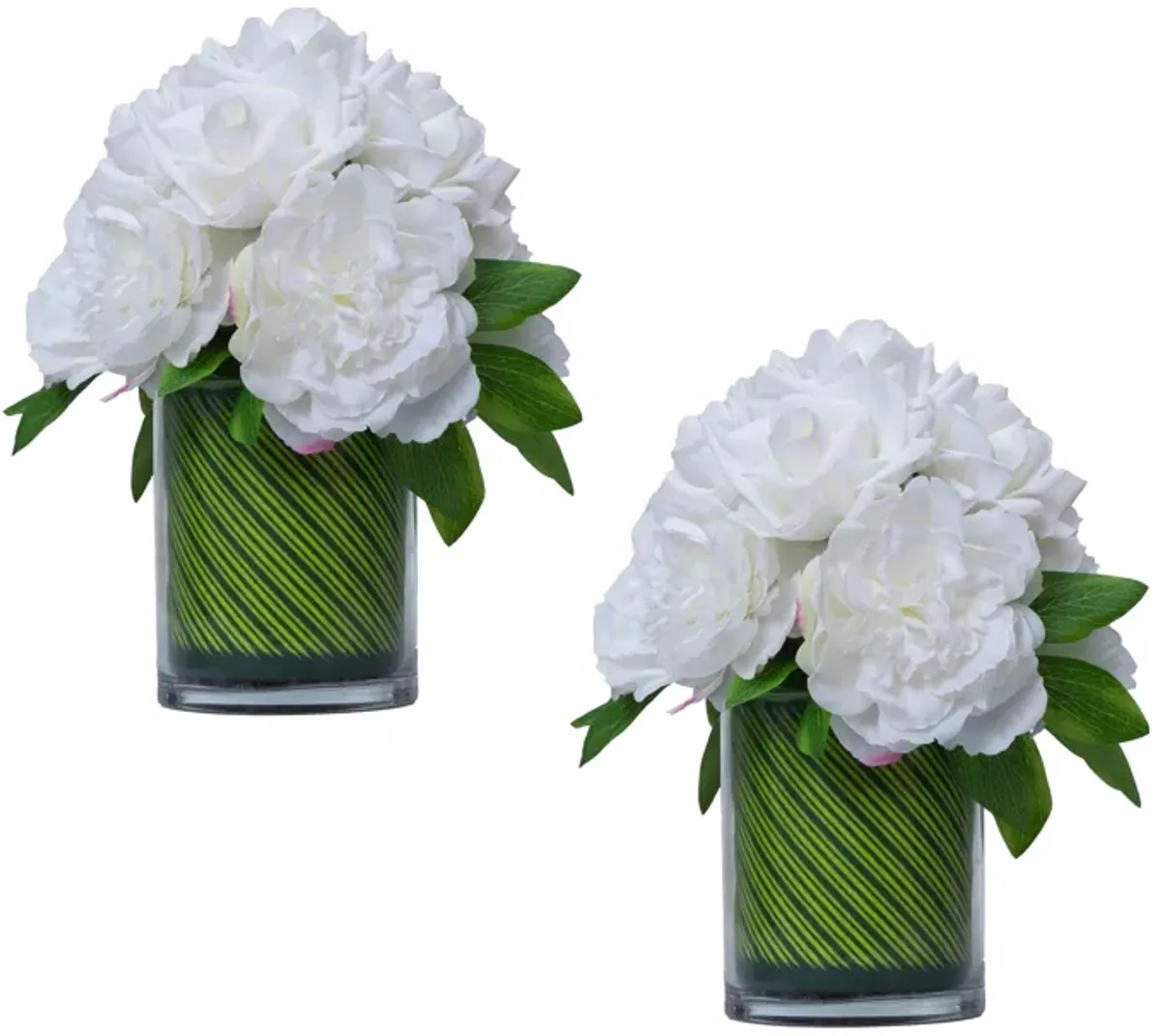 2-pack 13" Tall Faux White Peony and Rose bouquet in Circular Vase | Real touch flowers in a glass vase