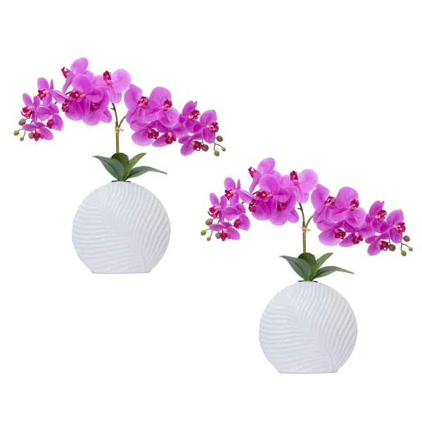 19" Orchid Arrangement in a Leaf-styled White Ceramic Vase - 2 pack