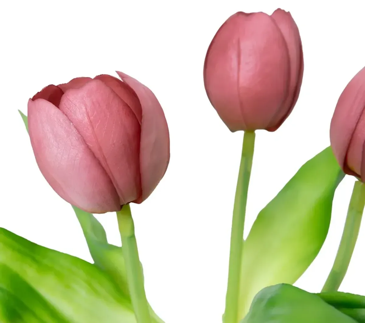 12" Pink Tulips arrangement in a Boho styled White Ceramic Vase - 3 pack