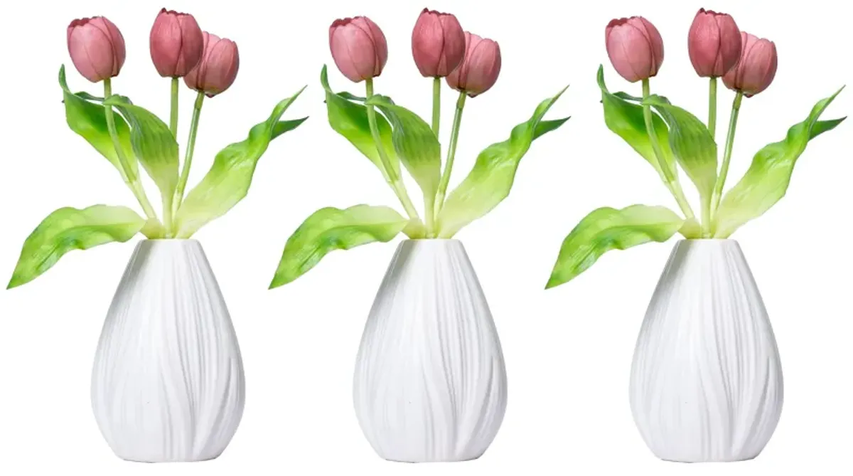 12" Pink Tulips arrangement in a Boho styled White Ceramic Vase - 3 pack