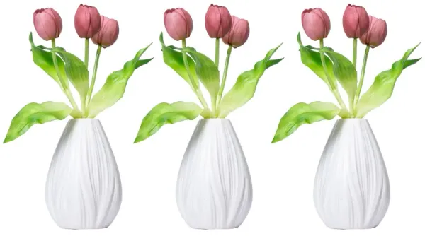 12" Pink Tulips arrangement in a Boho styled White Ceramic Vase - 3 pack
