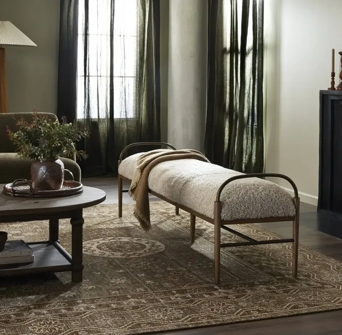 Demi Accent Bench-Beige Shearling