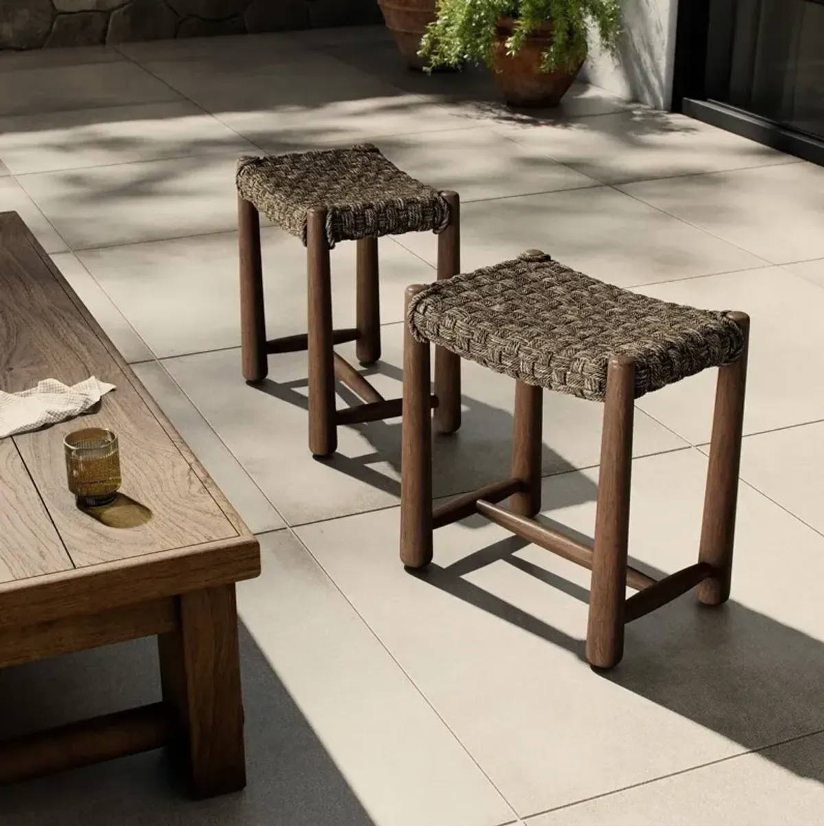 Savio Outdoor Accent Stool in Dark Textured Woven