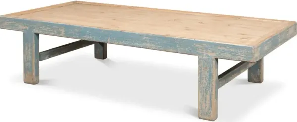 Large Wood Panel Coffee Table Ant. Blue Wash