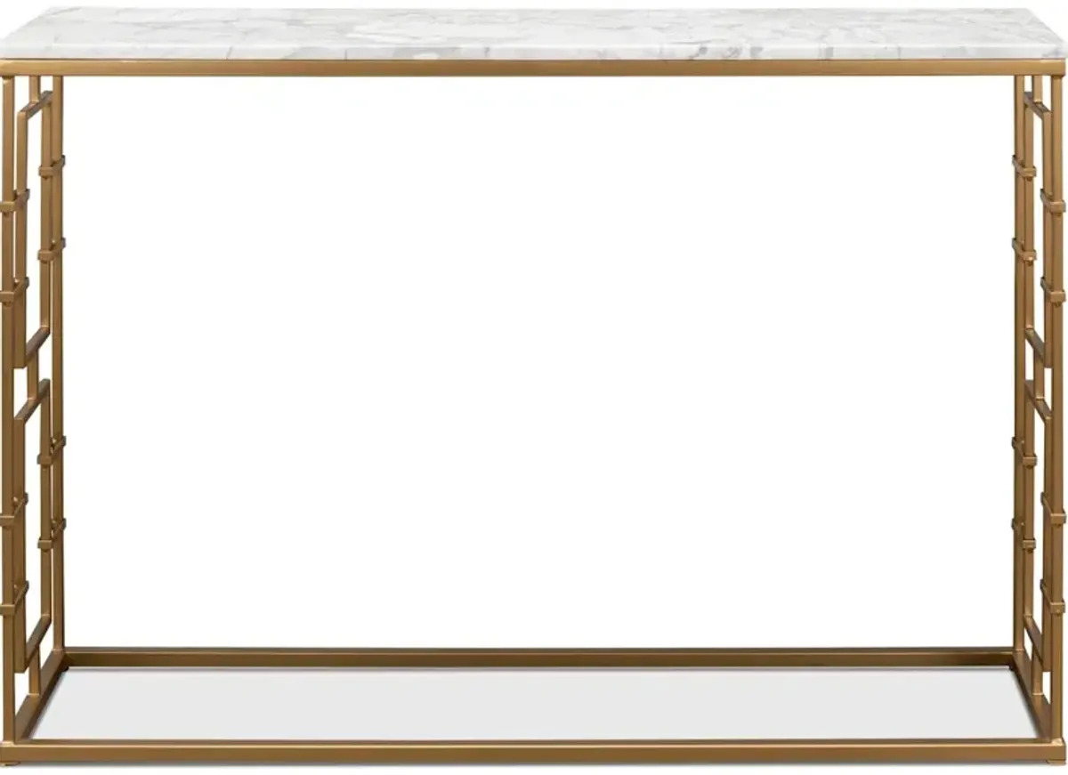 Brass Gate Console Table W/ Wht Marble