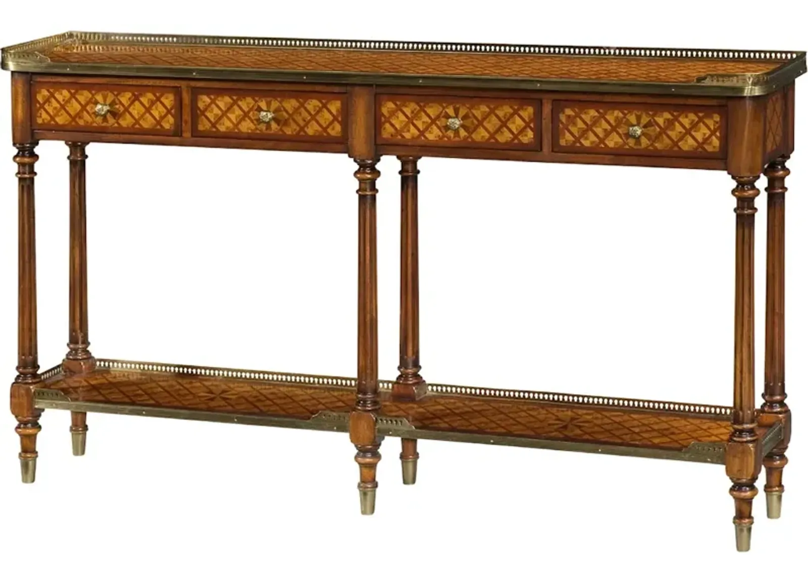 A Burl Lattice Parquetry, Brass Mounted Console Table