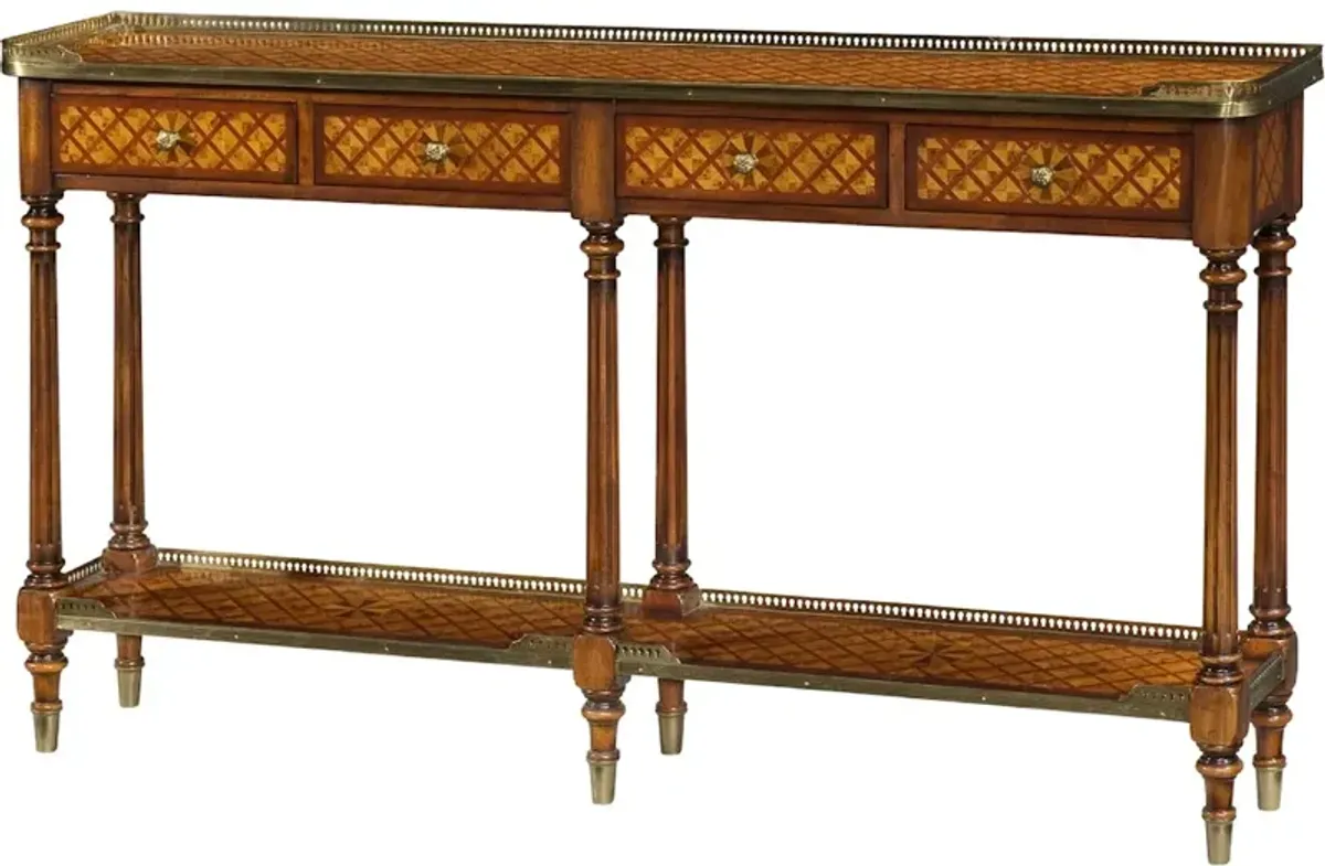 A Burl Lattice Parquetry, Brass Mounted Console Table