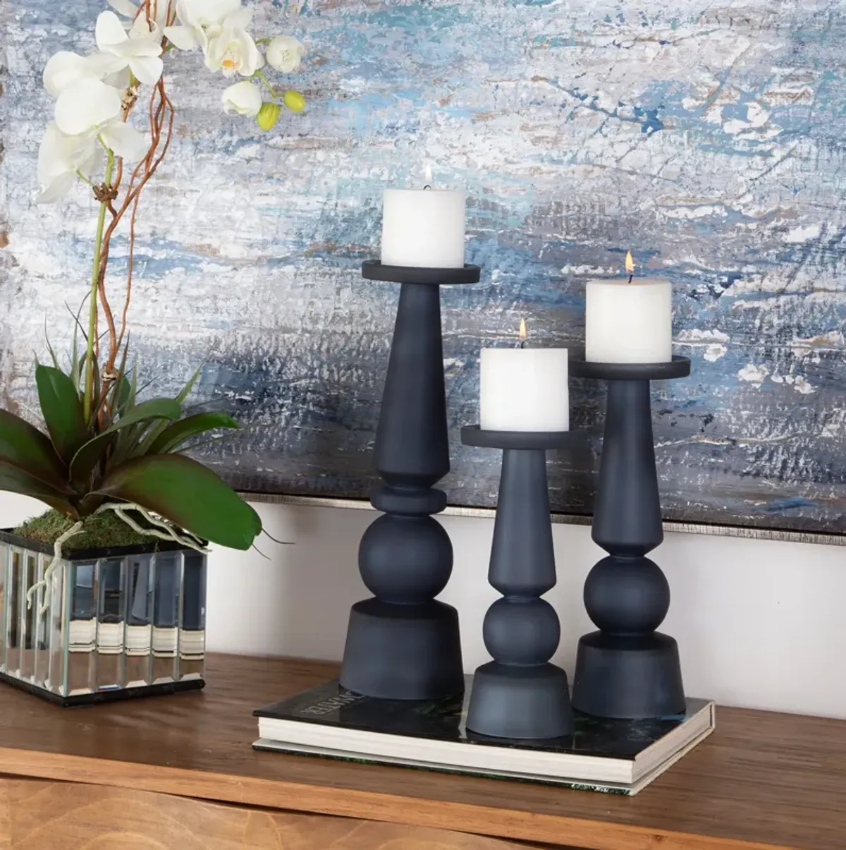 Cassiopeia Blue Glass Candleholders Set/3