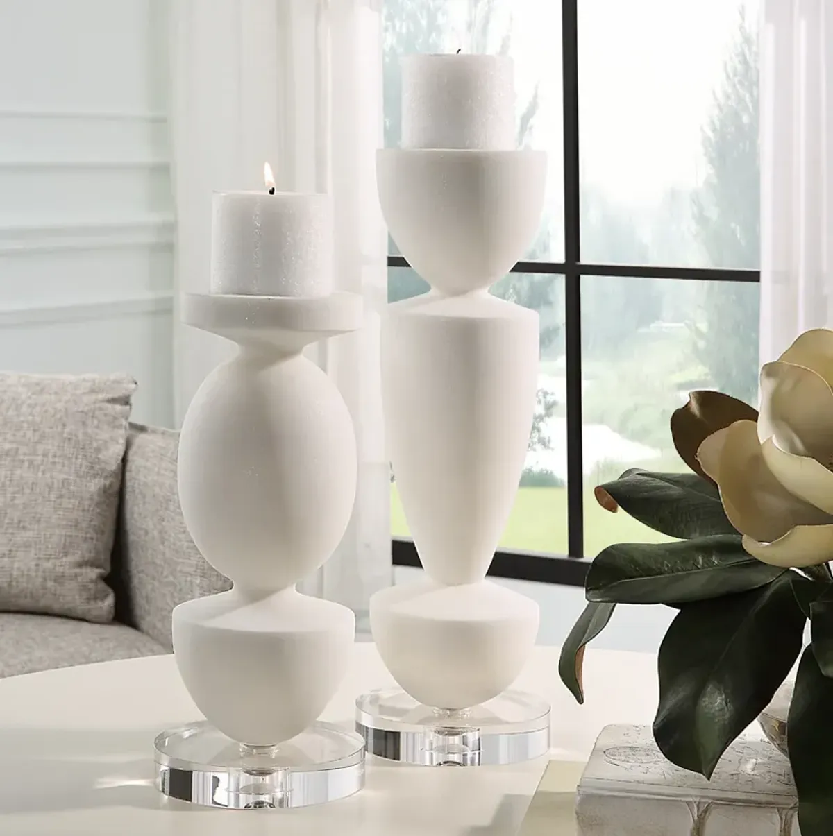 Lido White Stone Candleholders Set/2