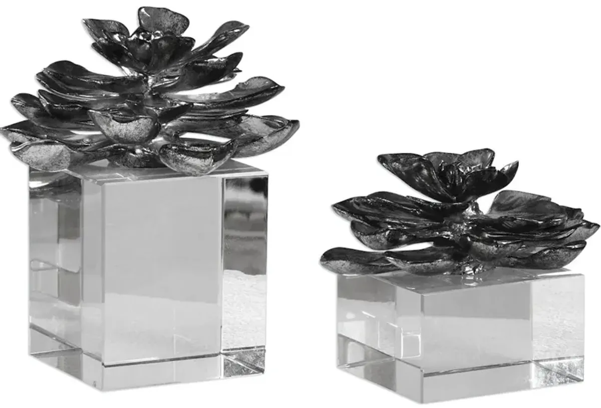 Indian Lotus Metallic Silver Flowers Set/2