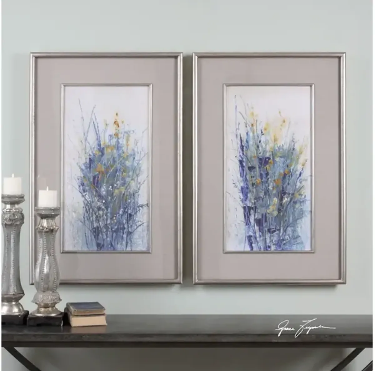 Indigo Florals Framed Art S/2