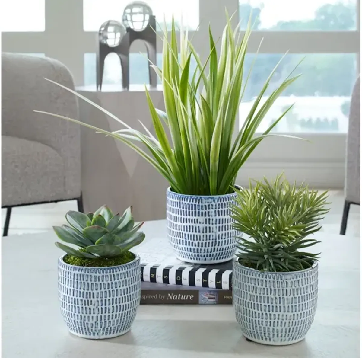 Puebla Greenery In Blue and White Pots, S/3