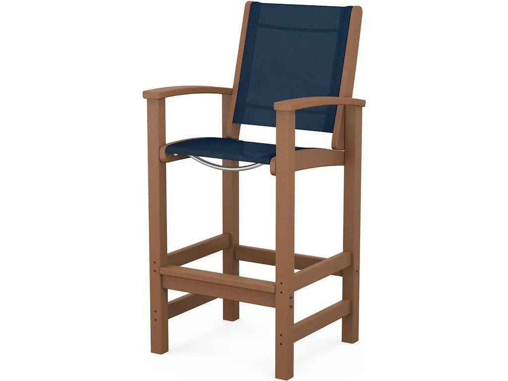 Coastal Bar Chair In Teak Navy Blue Sling